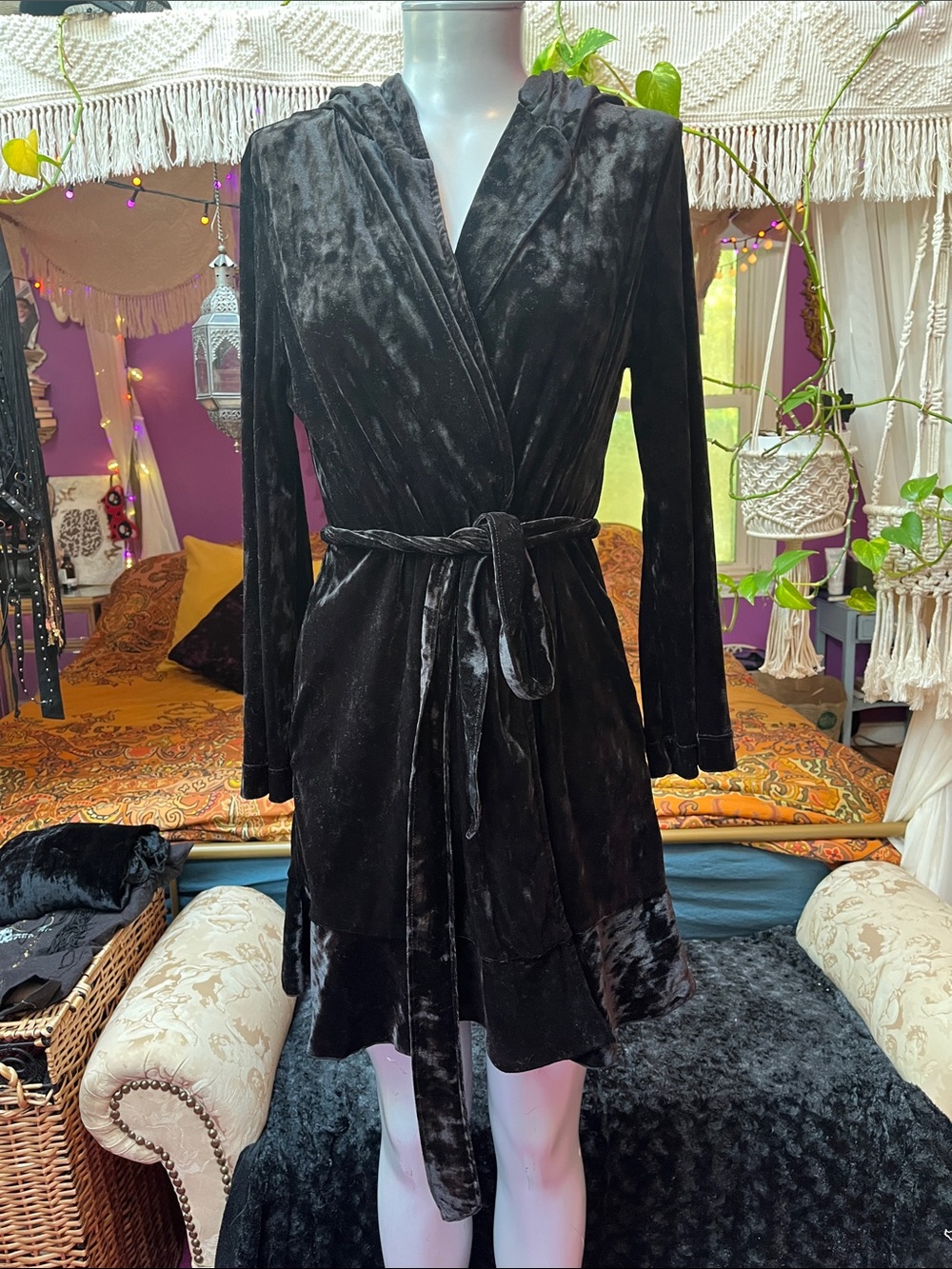 Betsey Johnson Witchy Goth black velvet hood robe